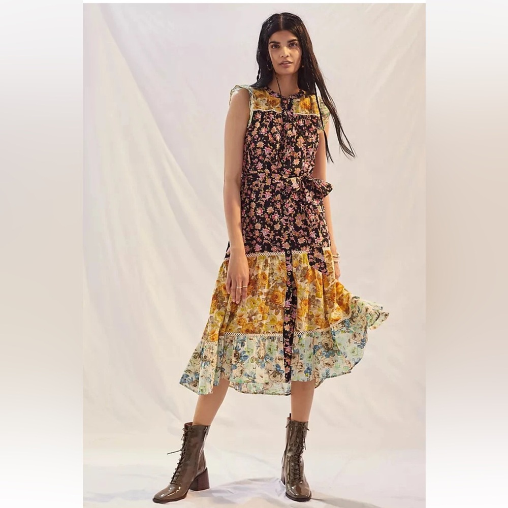 Anthropologie Black and Pink Multicolor Patchwork Floral Midi Dress Size XS